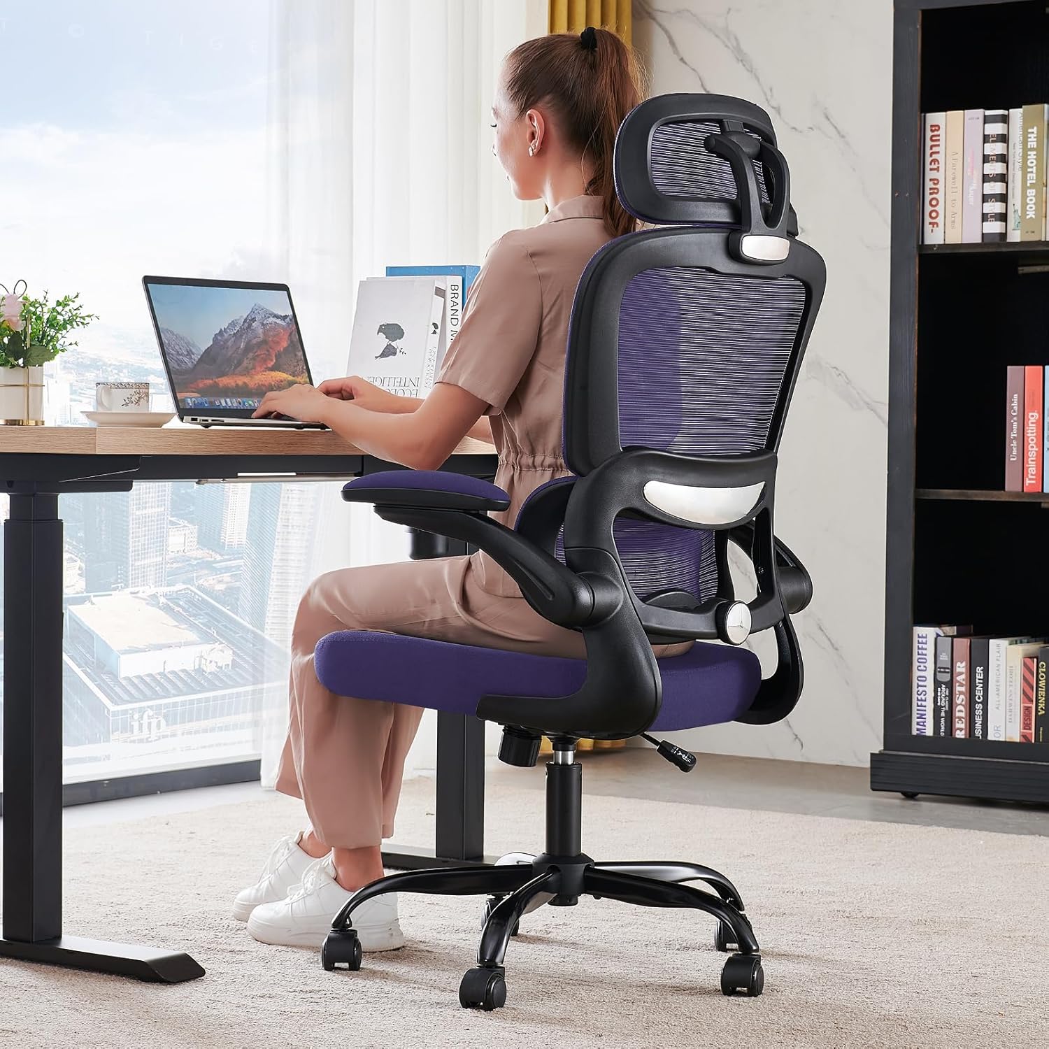 Chaise de bureau ergonomique, chaise de bureau en maille avec roulettes, capacité de charge de 150 kg, chaise de jeu confortable, dossier haut