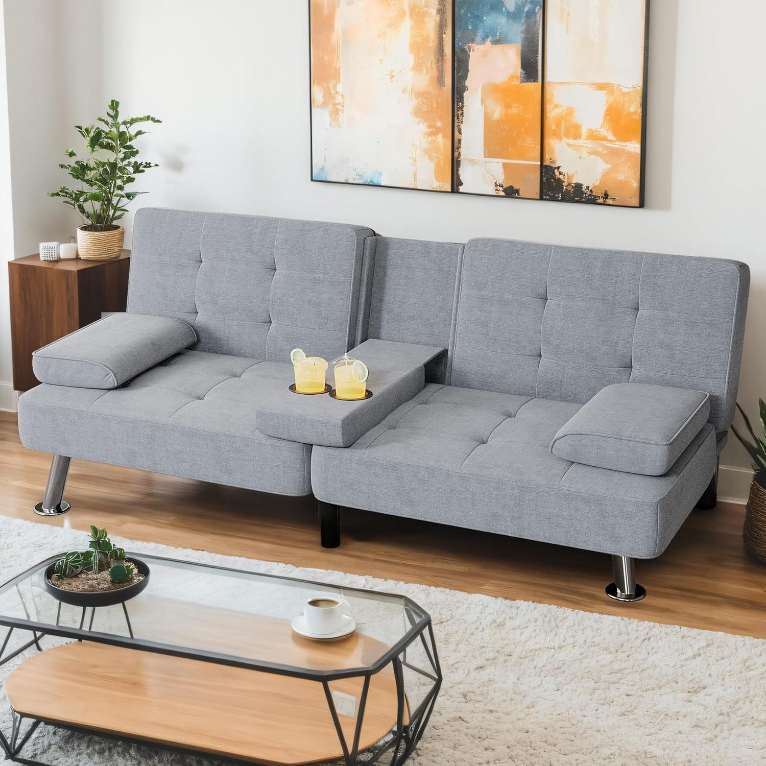 Canapé-lit futon convertible et pliable en lin moderne Shahoo avec accoudoirs amovibles, pieds en métal et 2 porte-gobelets pour le salon