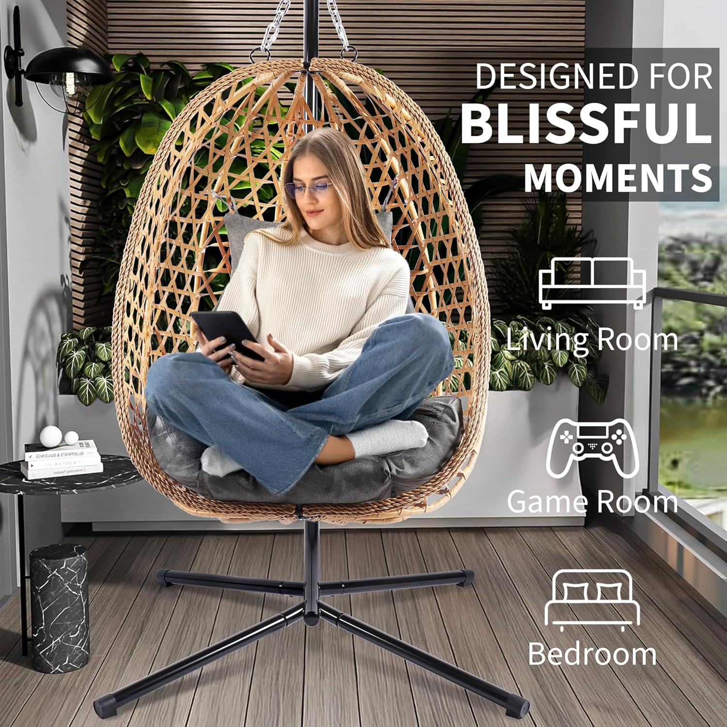 Fauteuil suspendu en osier avec support, balancelle pour patio, capacité de charge de 158 kg.