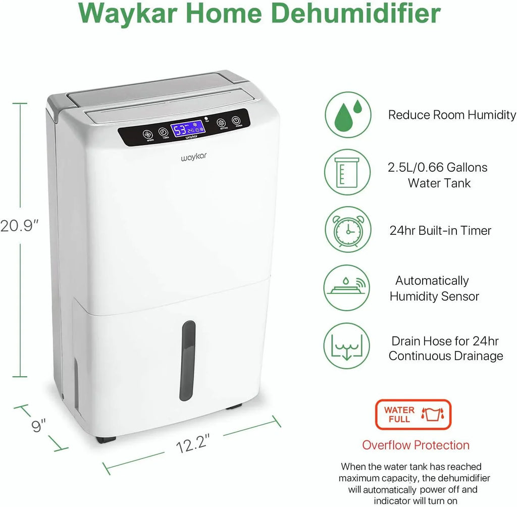 Déshumidificateur Waykar de 2 000 pi² pour la maison et les sous-sols, avec drainage automatique ou manuel, réservoir d'eau de 0,66 gallon