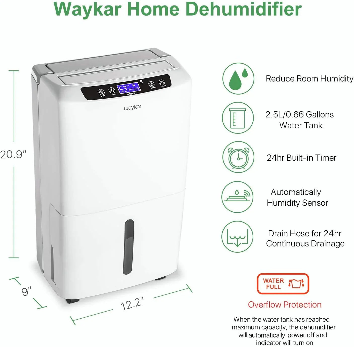 Déshumidificateur Waykar de 2 000 pi² pour la maison et les sous-sols, avec drainage automatique ou manuel, réservoir d'eau de 0,66 gallon