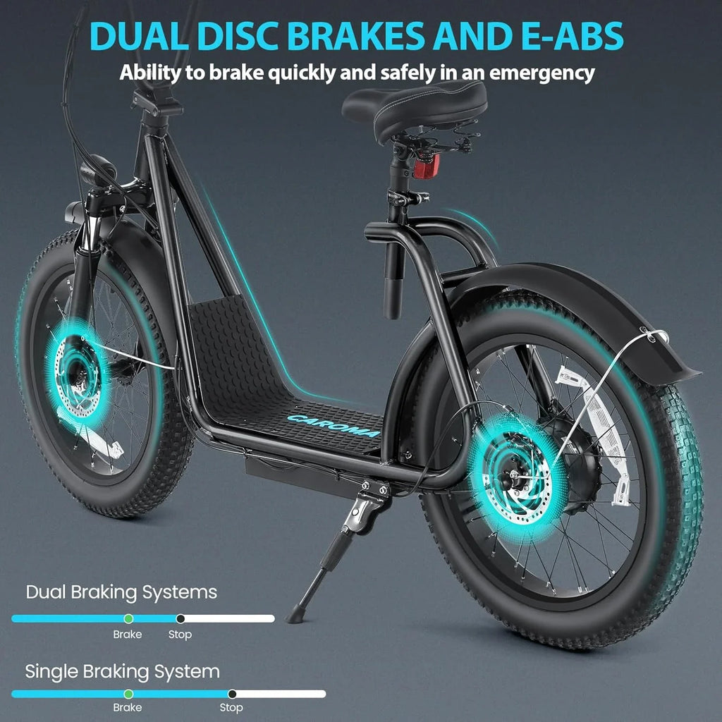 Trottinette électrique pliable Caroma Peak 800 W pour adulte avec pneus de 20 pouces de large, batterie 48 V, panier et siège réglable.