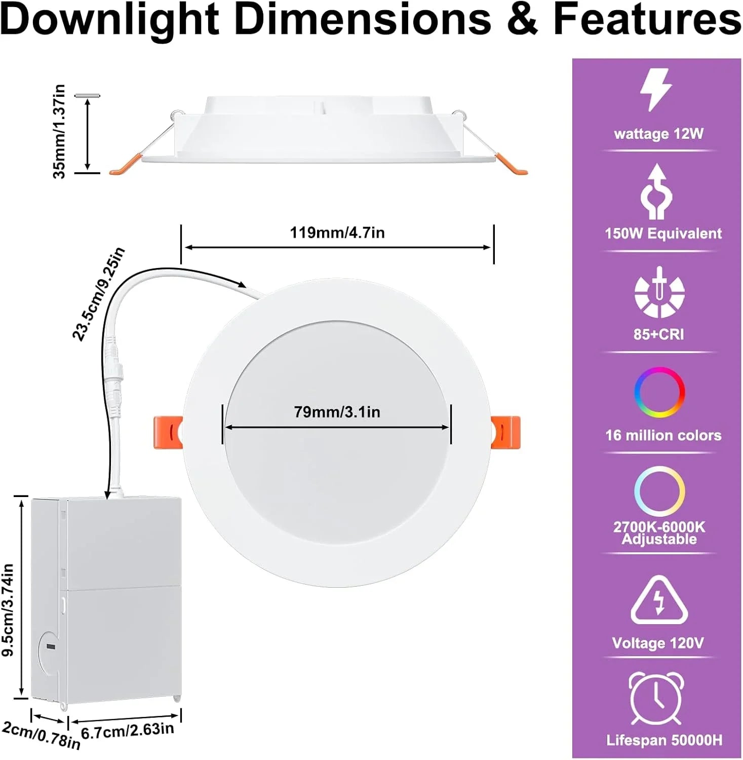 Spot LED encastré intelligent 12 W RGBCW à changement de couleur de 4 po avec boîte de jonction