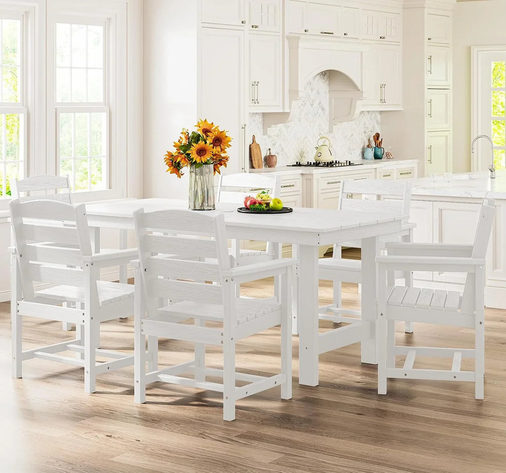 Ensemble de salle à manger d'extérieur en PEHD, 7 pièces, avec table découpée pour parasol et 6 chaises