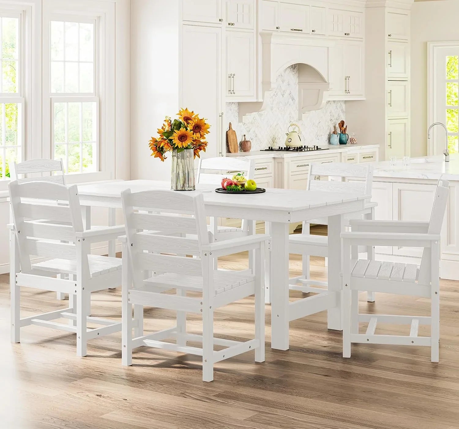 Ensemble de salle à manger d'extérieur en PEHD, 7 pièces, avec table découpée pour parasol et 6 chaises