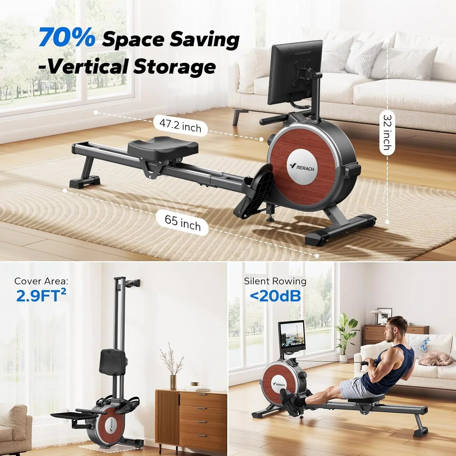 Rameur domestique Merachi à résistance silencieuse et double glissière