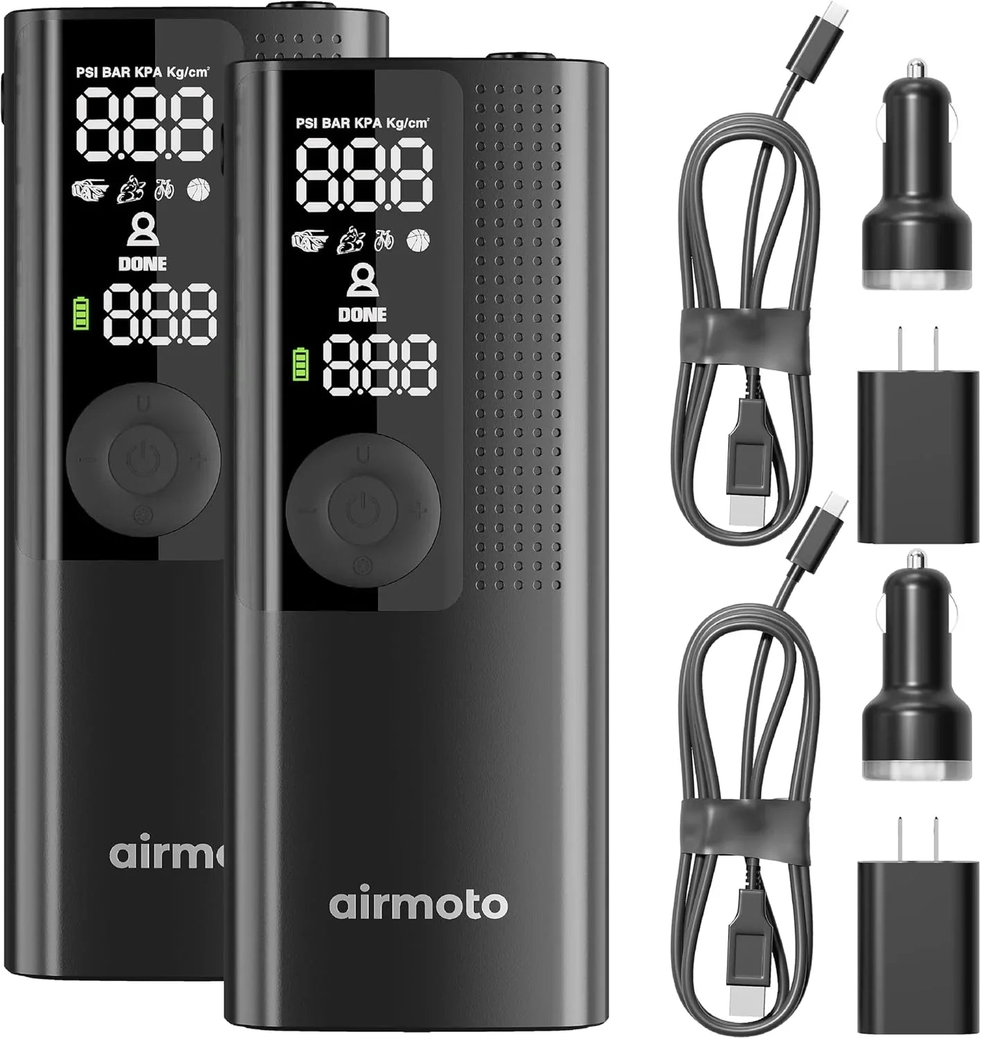 Offre groupée Power Kit - Pack de 2 - Compresseur d'air portable pour pneus avec kit d'alimentation pour recharge à domicile et en déplacement - Pompe à air sans fil pour pneus de voiture, motos et vélos