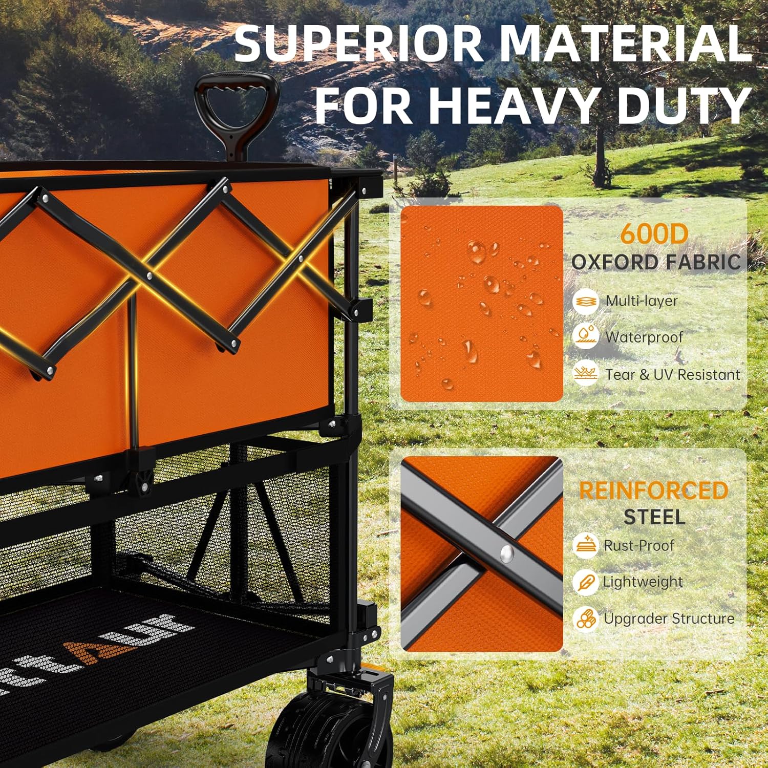 Chariot de sport extra-long pliable à deux étages de 50 pouces (127 cm), chariot robuste et pliable de 400 litres avec grandes roues, chariot extensible tout-terrain utilitaire pour l'extérieur