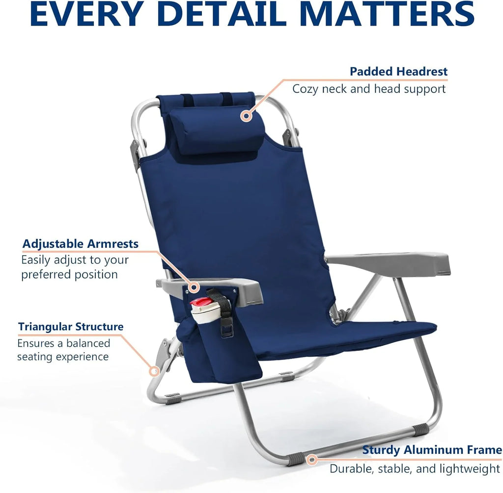 Lot de 2 chaises de plage compactes et portables pour adultes, en aluminium, 5 positions, avec pochette isotherme