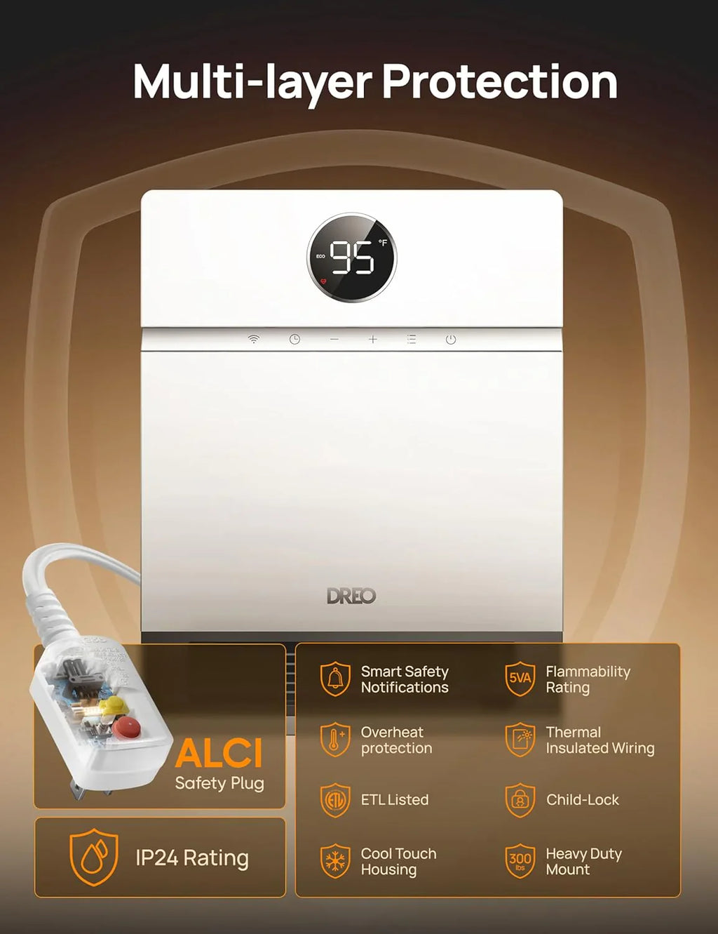 Chauffage mural intelligent pour usage intérieur avec thermostat réglable et télécommande