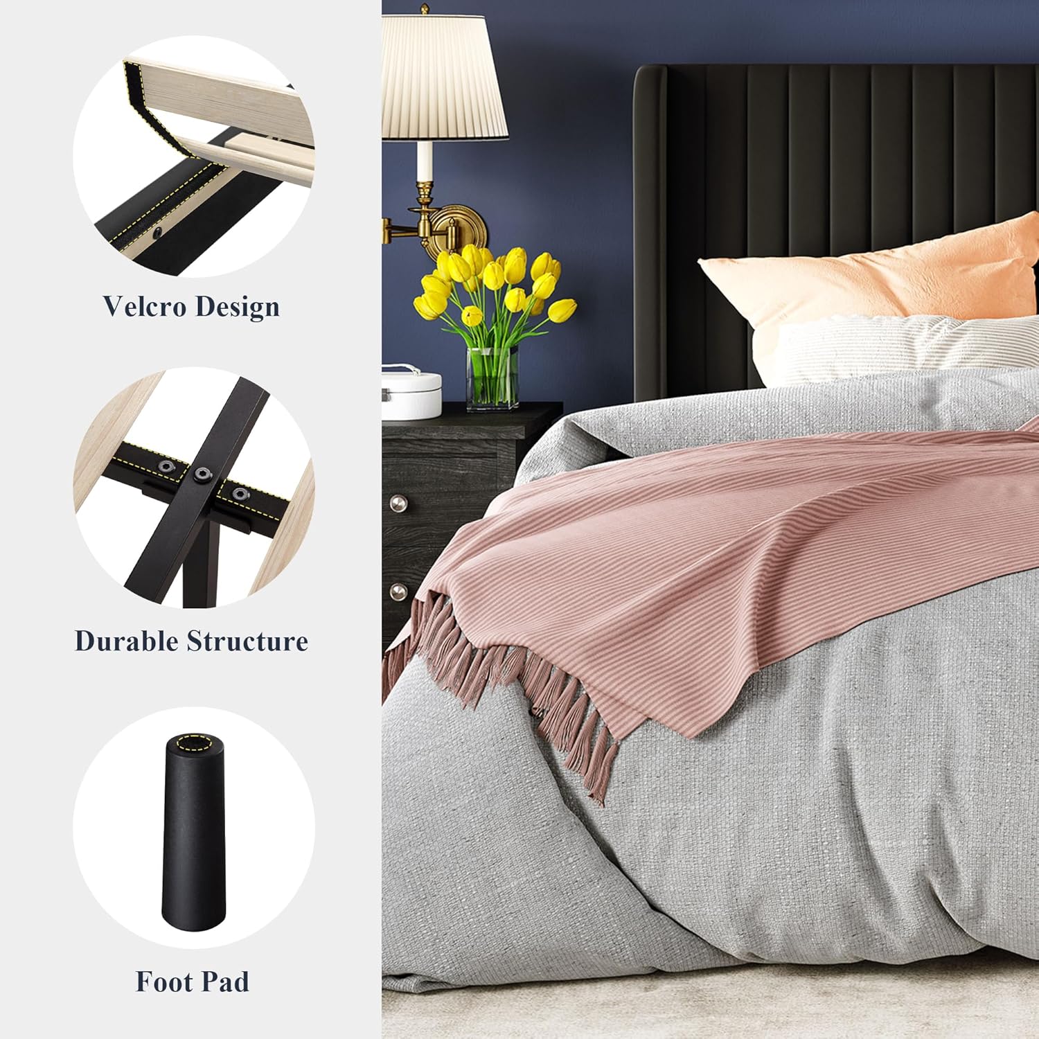 Cadre de lit Allewie en velours pleine grandeur/tête de lit capitonnée à oreilles verticales/lit plateforme rembourré/lattes en bois robustes