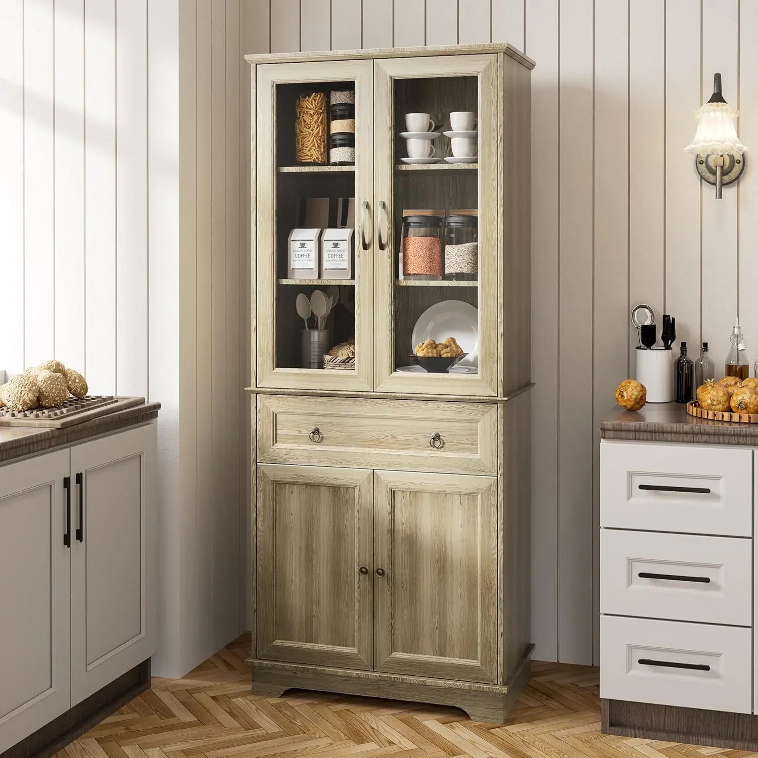 Armoire de garde-manger de 180 cm de haut avec portes vitrées