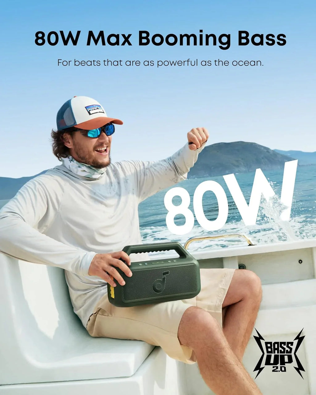 Enceinte d'extérieur, 80 W, caisson de basses, BassUp 2.0, autonomie de 24 heures, étanchéité IPX7, flotte, lumières RVB, USB-C