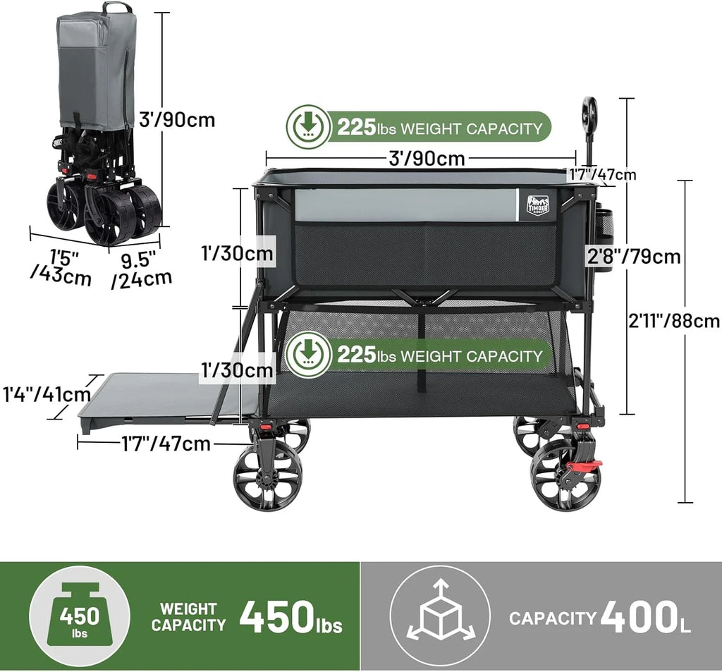 Chariot pliable à deux étages de grande capacité de 400 L avec freins, chariot extra-long de 54 pouces, chariot pliable robuste de 450 livres