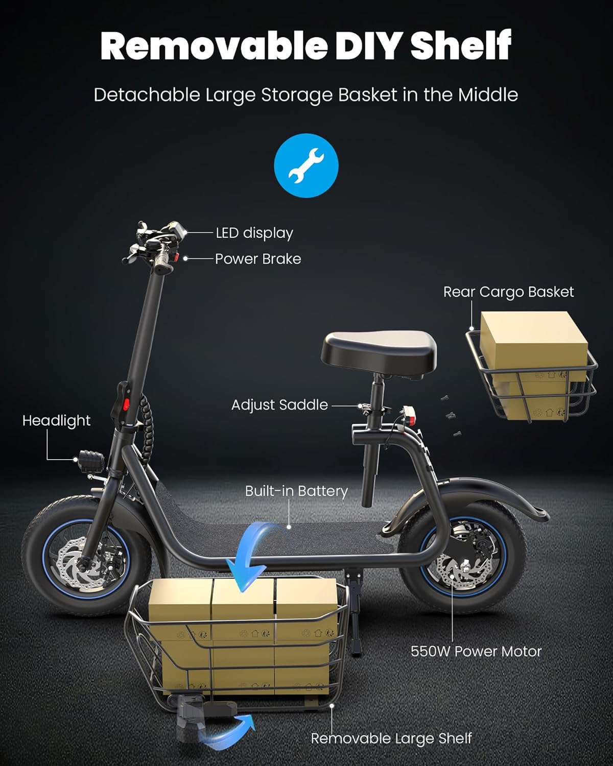 Trottinette électrique Gyroor pour adulte avec grand panier central, autonomie de 32 km, pliable et siège
