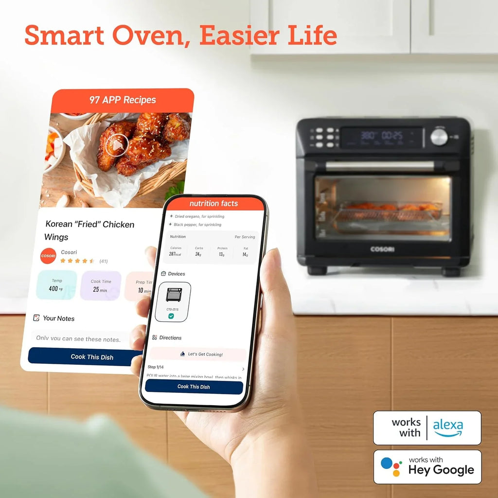 Four grille-pain combiné intelligent 12 en 1 COSORI, four à convection pour friteuse à air, cuisson au four, rôtissage, réchauffage, grillage, déshydratation, 75 recettes et 3 accessoires, 26 pintes