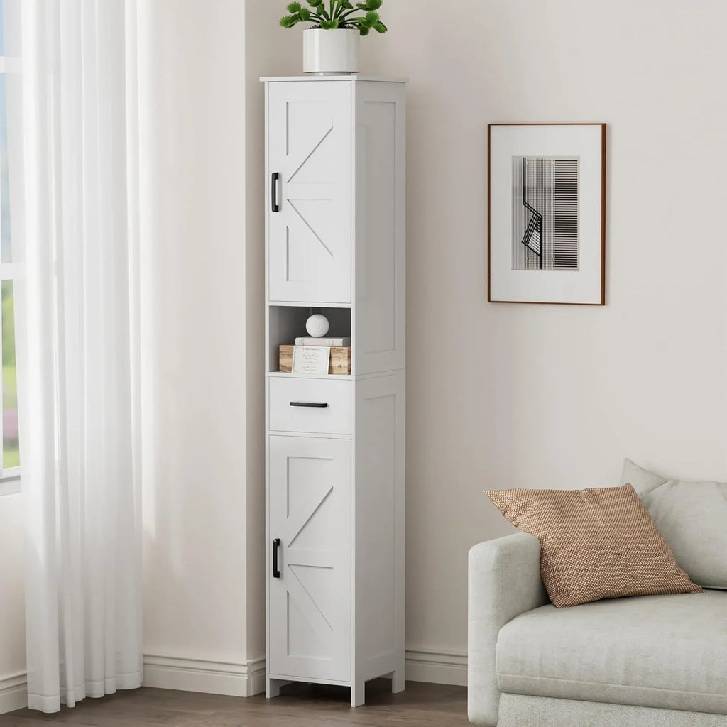 Meuble de rangement de salle de bain Homhedy de 67 po de hauteur avec 2 portes de grange et 1 tiroir