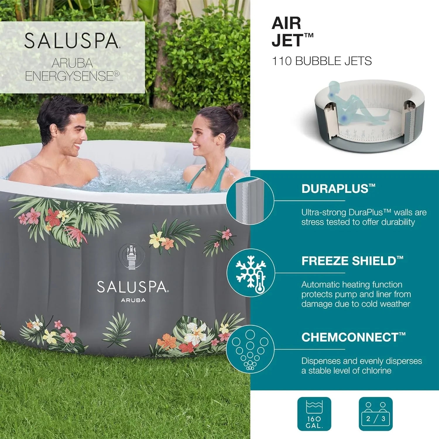Spa gonflable rond SaluSpa Aruba AirJet, grand format, pour 2 à 3 personnes, portable, pour l'extérieur