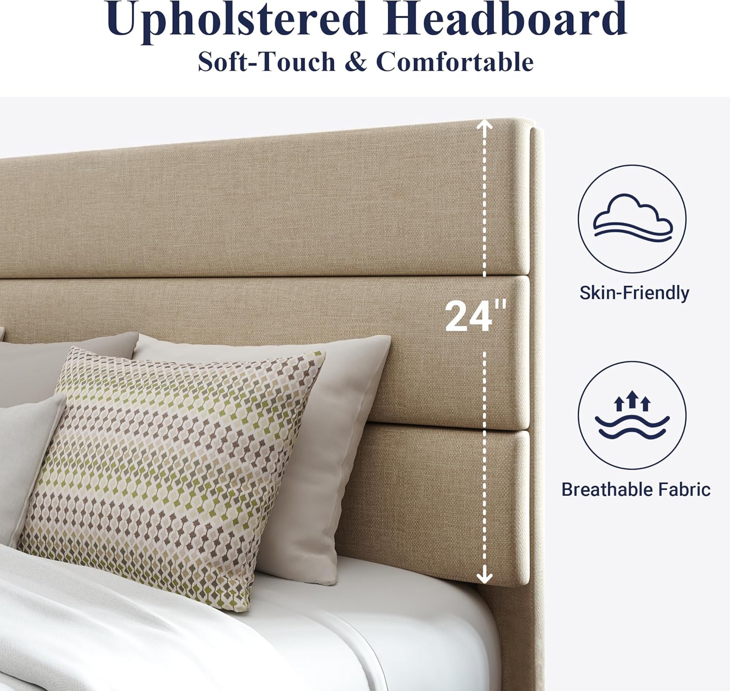 Cadre de lit plateforme Allewie Queen Size avec tête de lit rembourrée en tissu et support à lattes en bois, sommier entièrement rembourré (pas besoin de sommier)