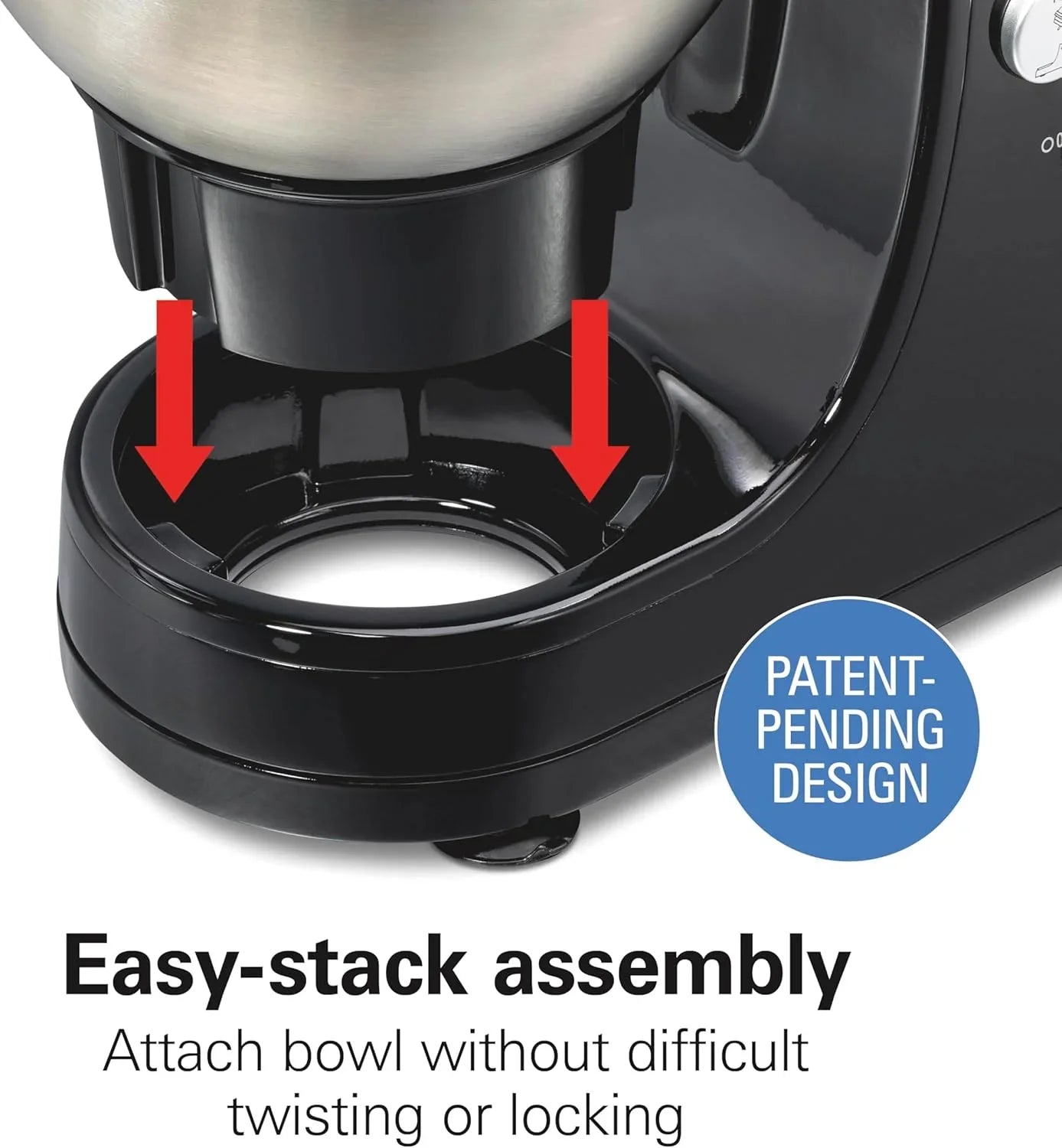 Batteur sur socle électrique Hamilton Beach, 4 litres, crochet pétrisseur, batteur plat, protection anti-éclaboussures, 7 vitesses avec fouet