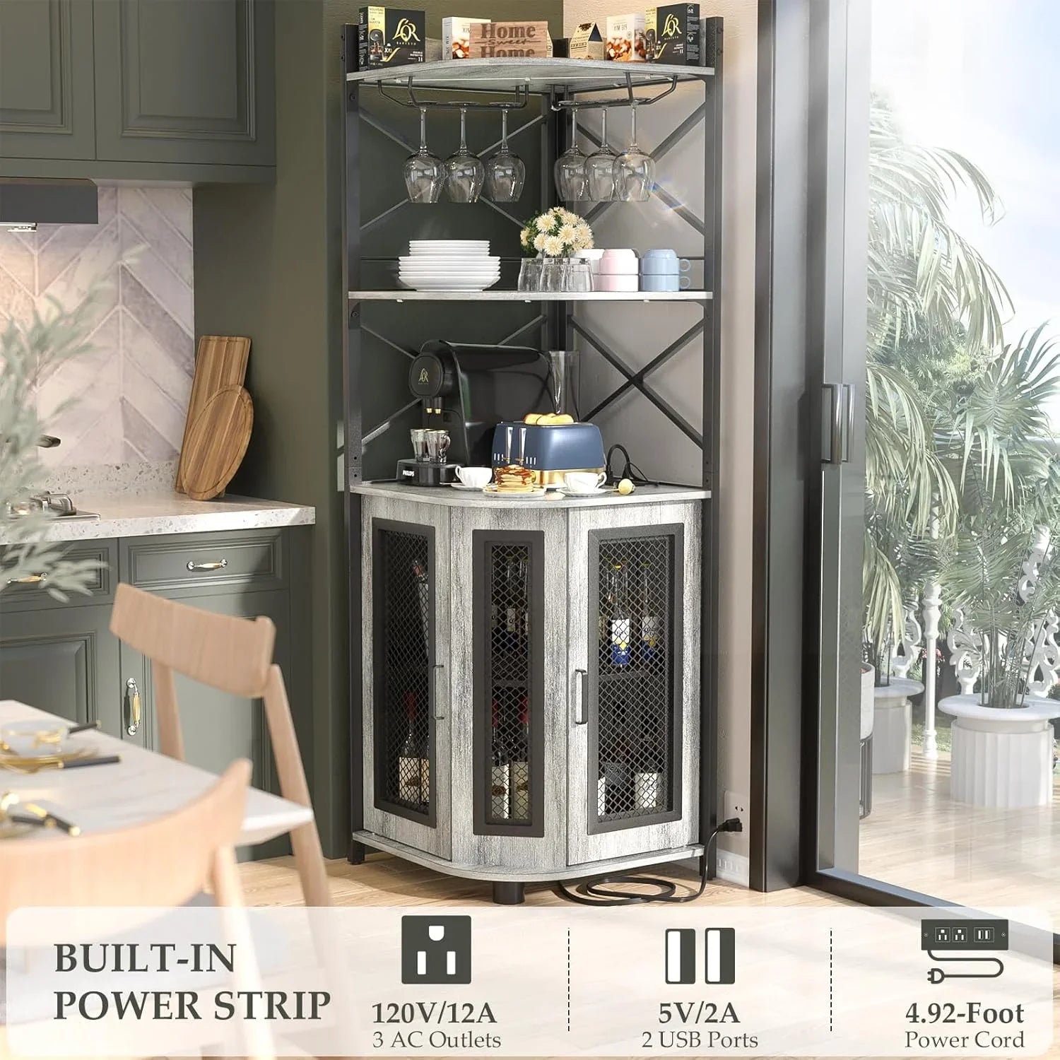 Meuble bar d'angle avec prise de courant, armoire à vin de style industriel avec bande lumineuse LED et support à verres, meuble bar à vin à cinq niveaux pour la maison, vitrine d'angle pour petit espace