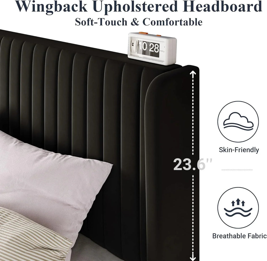 Cadre de lit Allewie en velours pleine grandeur/tête de lit capitonnée à oreilles verticales/lit plateforme rembourré/lattes en bois robustes