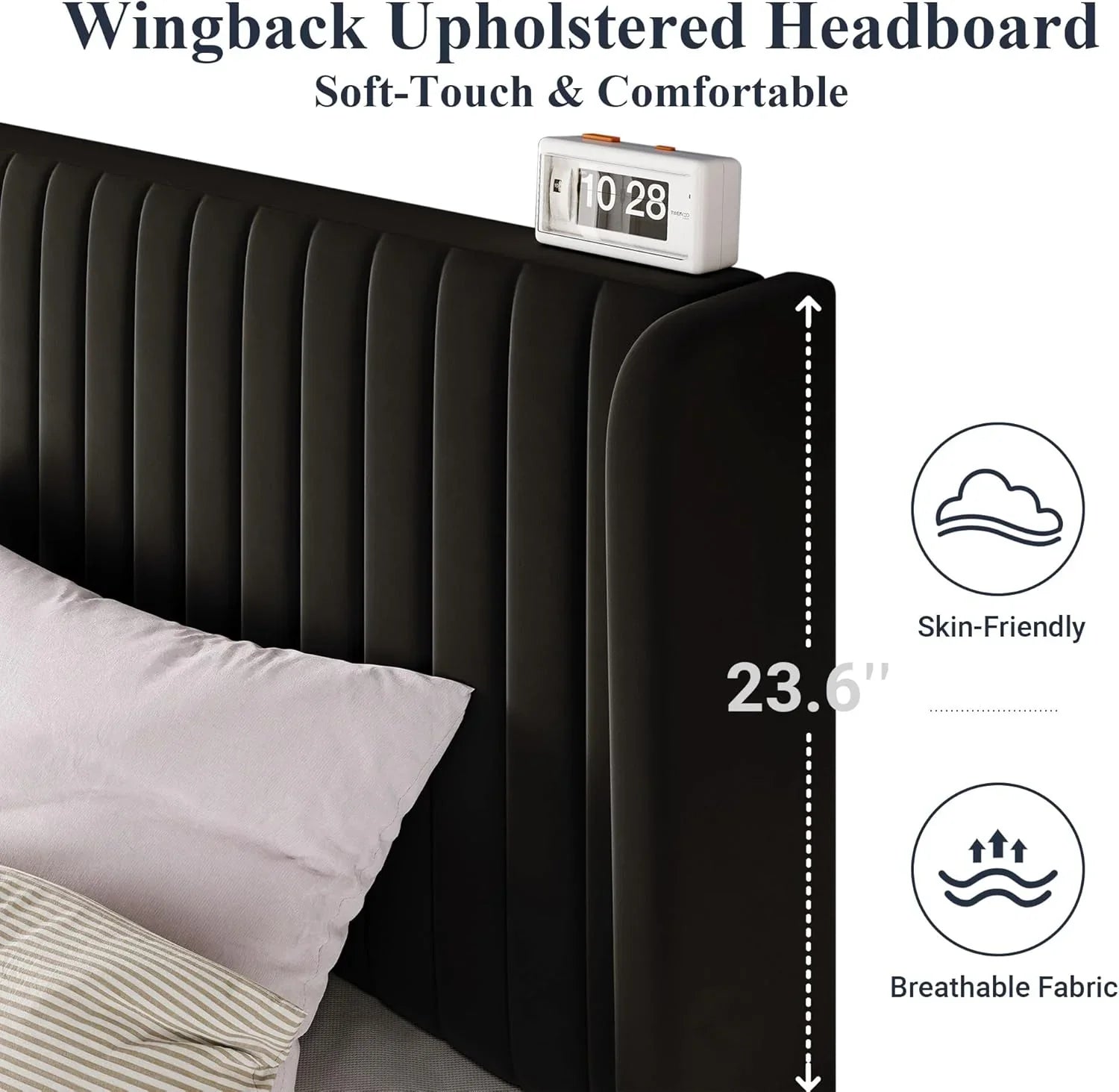 Cadre de lit Allewie en velours pleine grandeur/tête de lit capitonnée à oreilles verticales/lit plateforme rembourré/lattes en bois robustes