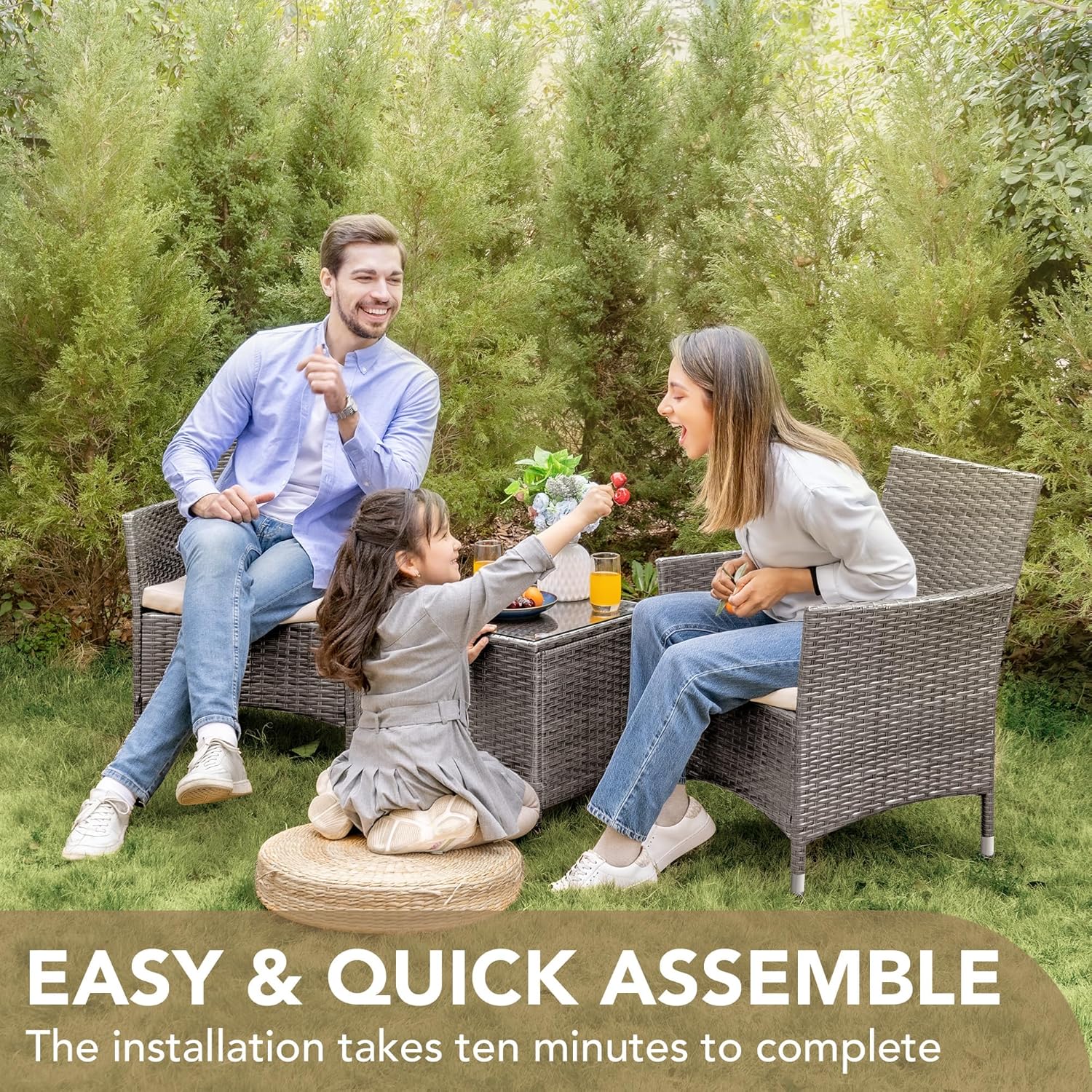 Ensemble de meubles de patio Devoko 3 pièces avec chaises en rotin synthétique