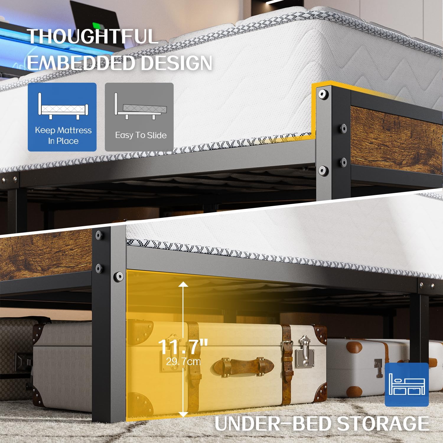 Cadre de lit queen size avec étagères de rangement doubles, tête de lit, lit plateforme