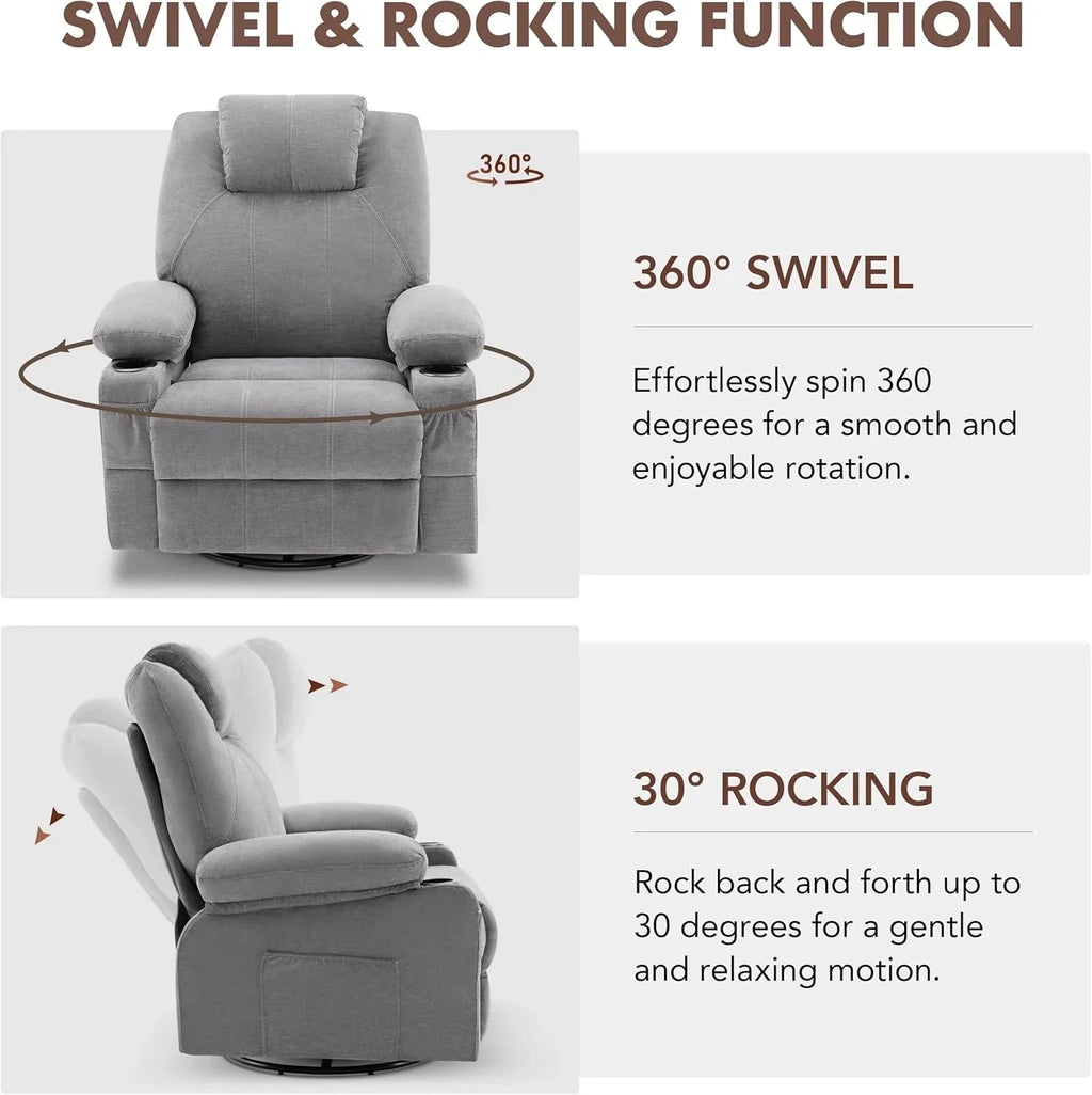 Grand fauteuil inclinable pivotant à bascule avec fonction chauffage et massage, canapé simple pivotant à 360 degrés