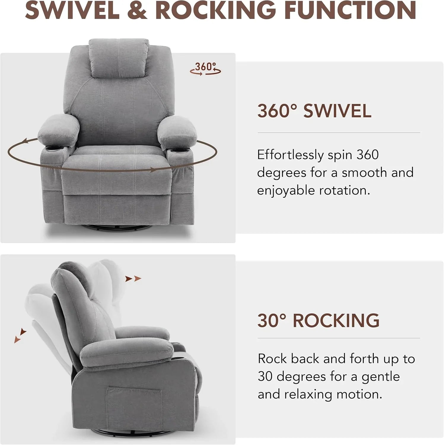 Grand fauteuil inclinable pivotant à bascule avec fonction chauffage et massage, canapé simple pivotant à 360 degrés