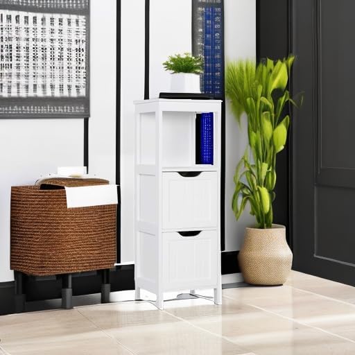 Meuble de salle de bain au sol, meuble de rangement en bois avec 2 tiroirs, support de rangement latéral multifonctionnel