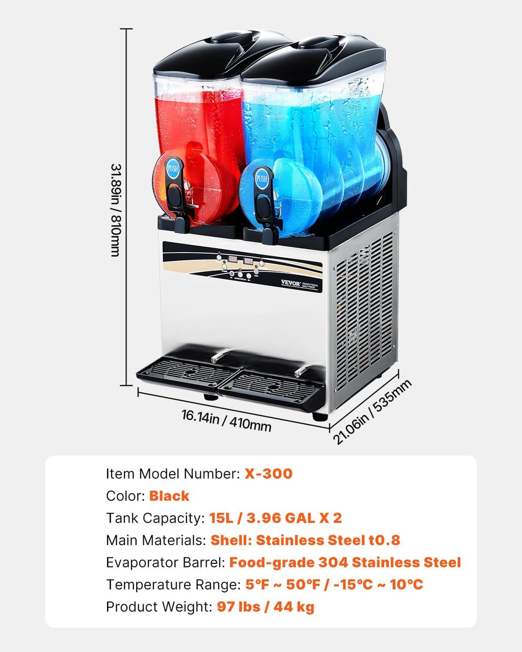 Machine à smoothie VEVOR, machine à margarita commerciale à double barillet 15 L x 2 L, machine à smoothie en acier inoxydable 120 tasses
