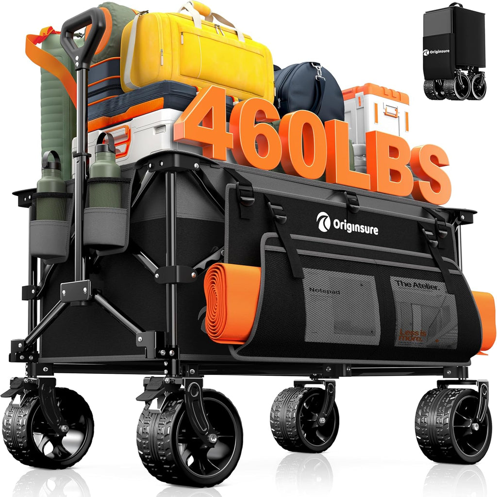 Poussette pliable à quatre roues de 96 cm de long, pliable, capacité de 200 kg, poussette de plage pliable robuste de 220 litres avec de grands pneus tout-terrain