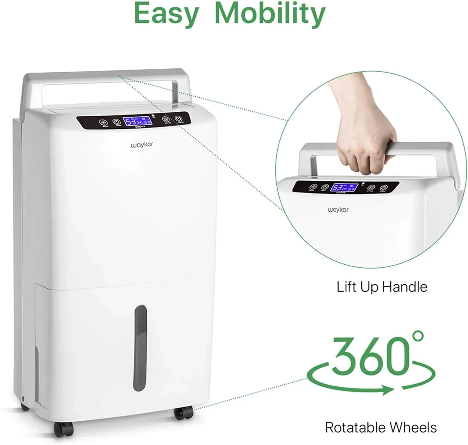 Déshumidificateur Waykar de 2 000 pi² pour la maison et les sous-sols, avec drainage automatique ou manuel, réservoir d'eau de 0,66 gallon