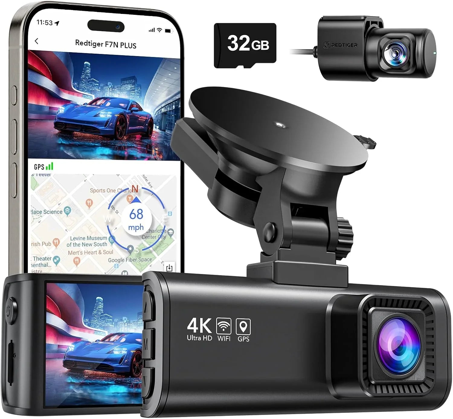 Dashcam voor/achter, Full HD 4K/2.5K voor in de auto, inclusief 32GB geheugenkaart, ingebouwde wifi/gps, 3,16-inch IPS-scherm, nachtzicht, 170° groothoek, WDR, 24/7 parkeermodus (F7NP) 