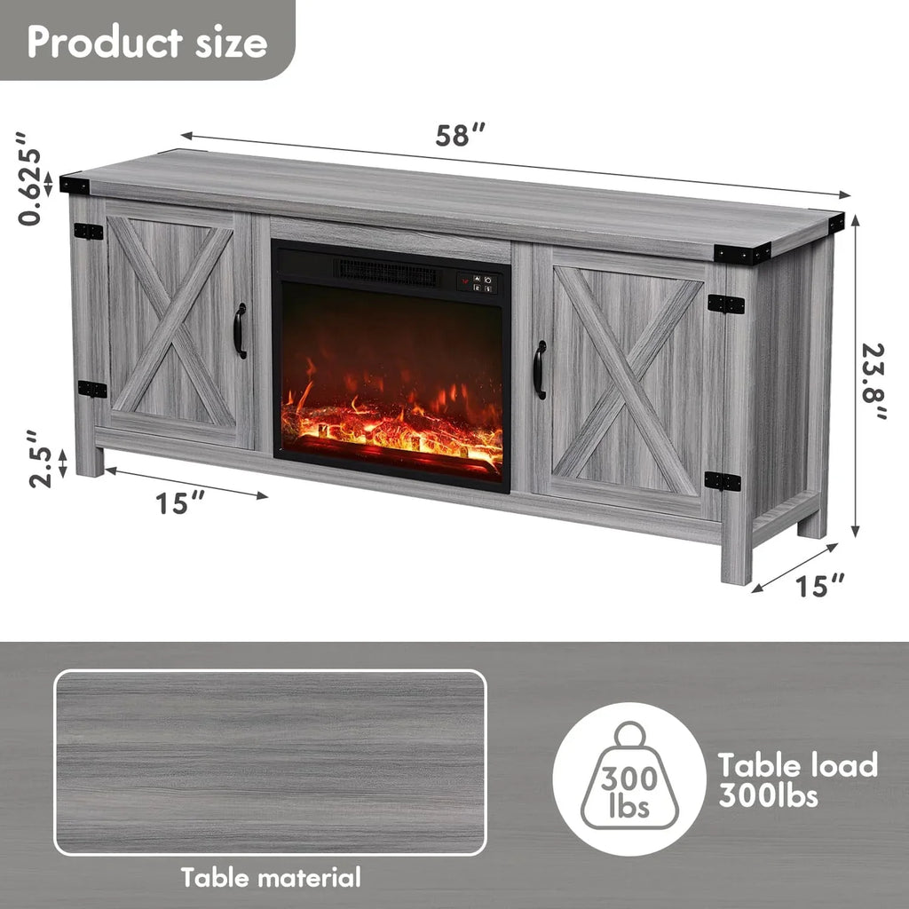 YESHOMY Meuble TV avec cheminée et deux portes de grange, armoires de rangement pour téléviseurs jusqu'à 65 pouces et plus, console de divertissement, meuble multimédia pour salon, 58 pouces