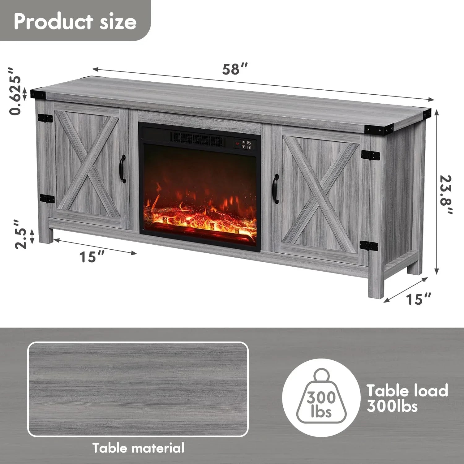 YESHOMY Meuble TV avec cheminée et deux portes de grange, armoires de rangement pour téléviseurs jusqu'à 65 pouces et plus, console de divertissement, meuble multimédia pour salon, 58 pouces