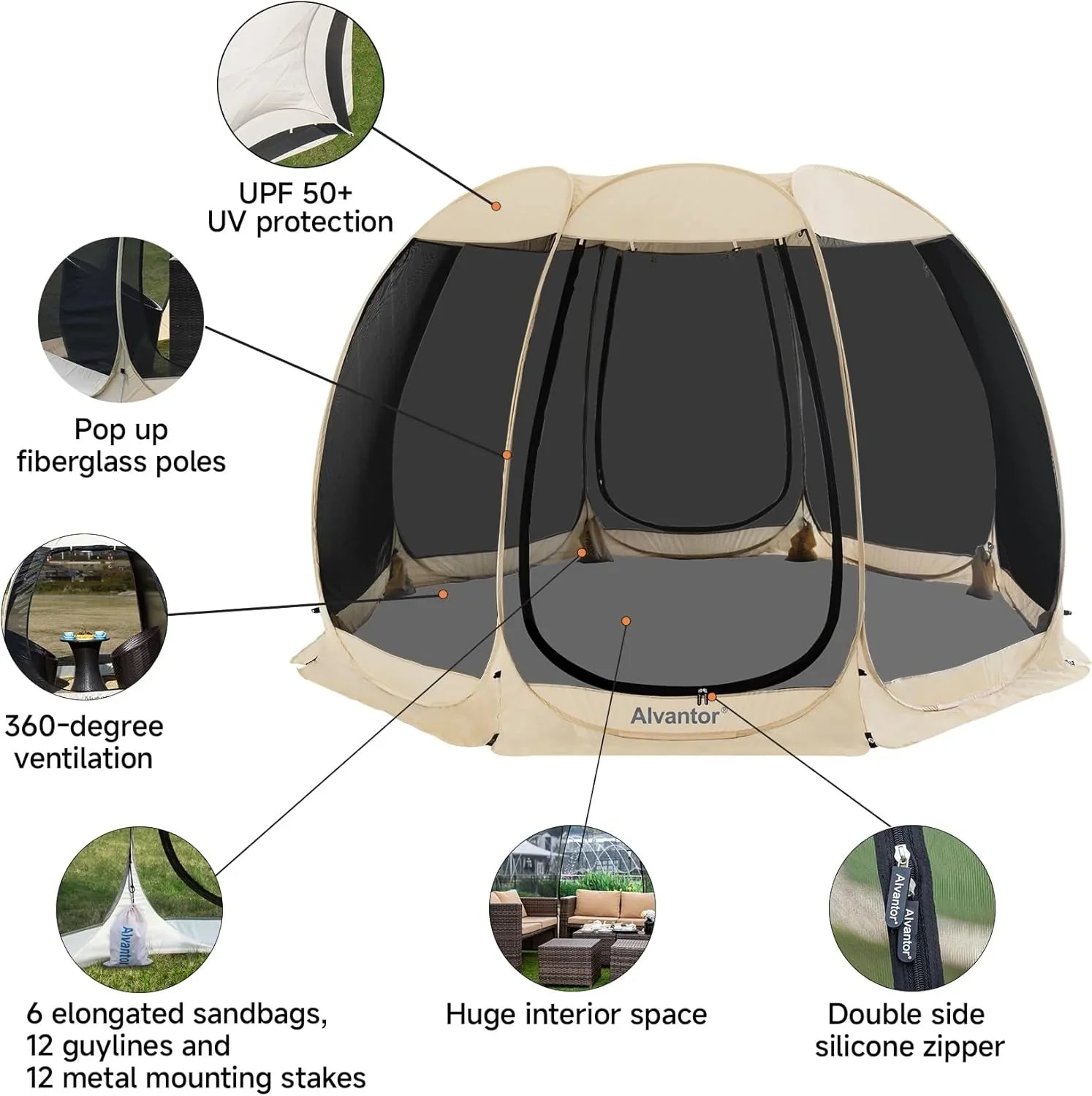 Gazebo Alvantor Screen House, tente à auvent abri igloo escamotable pour 6-10-15 personnes