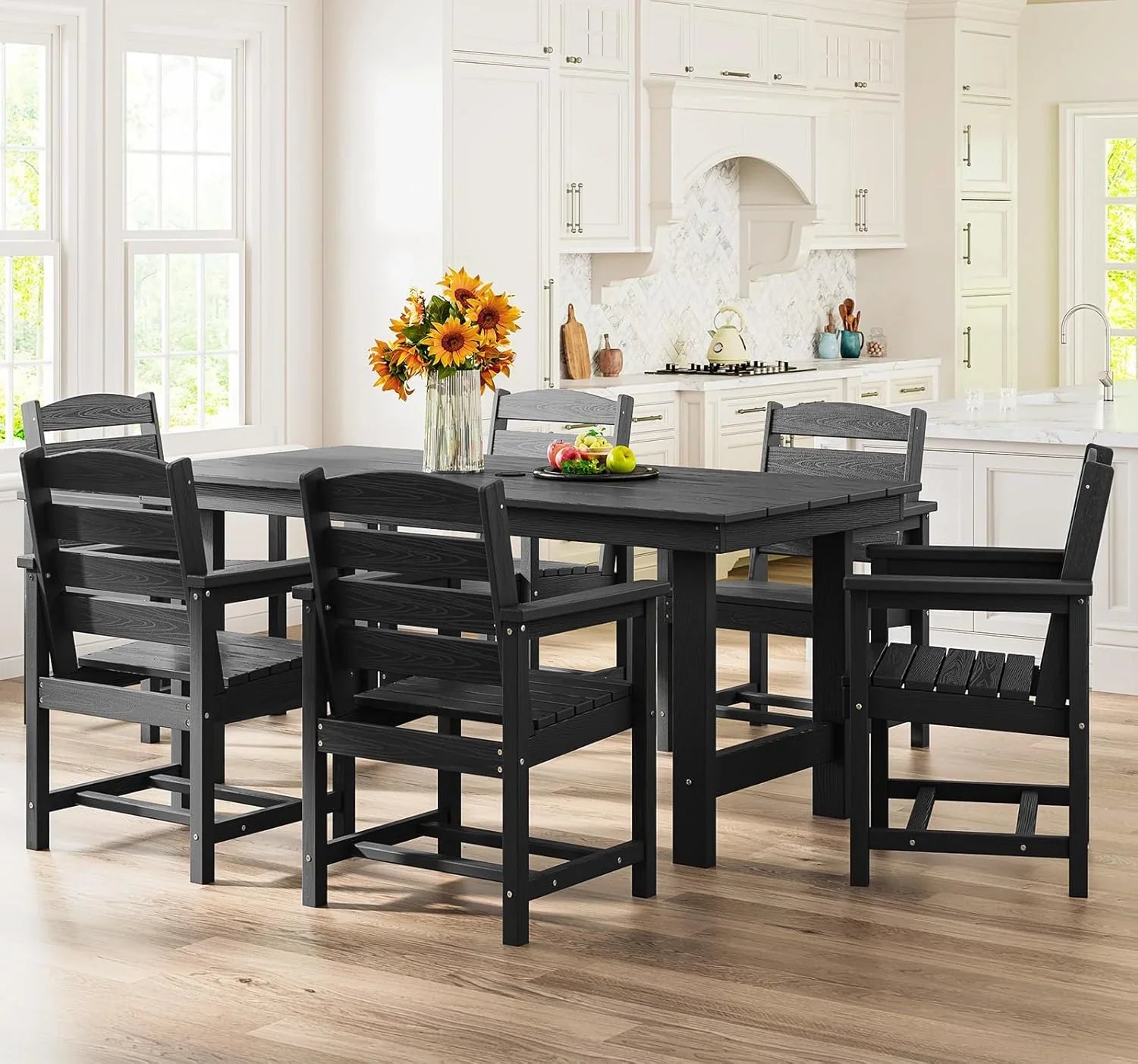 Ensemble de salle à manger d'extérieur en PEHD, 7 pièces, avec table découpée pour parasol et 6 chaises