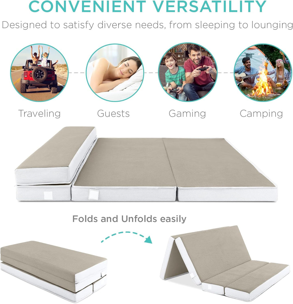 Matelas Queen Size portable de 4 pouces, matelas pliable en trois parties pour camping, invités et tout-petits