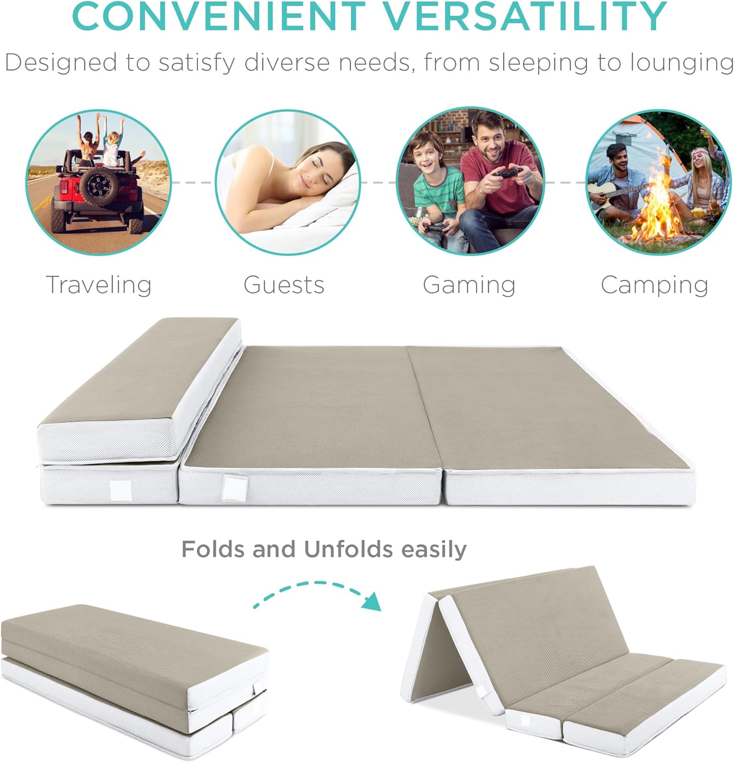 Matelas Queen Size portable de 4 pouces, matelas pliable en trois parties pour camping, invités et tout-petits