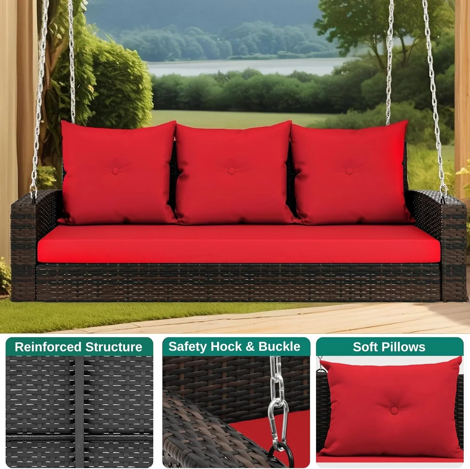 YITAHOME Balancelle suspendue pour porche, 3 places, banc d'extérieur en osier