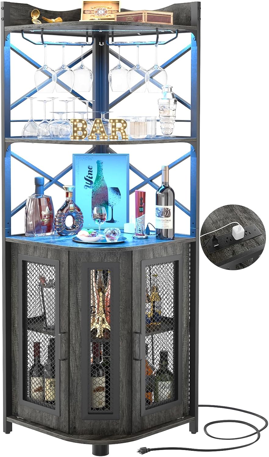 Meuble bar d'angle avec prise de courant, armoire à vin de style industriel avec bande lumineuse LED et support à verres, meuble bar à vin à cinq niveaux pour la maison, vitrine d'angle pour petit espace