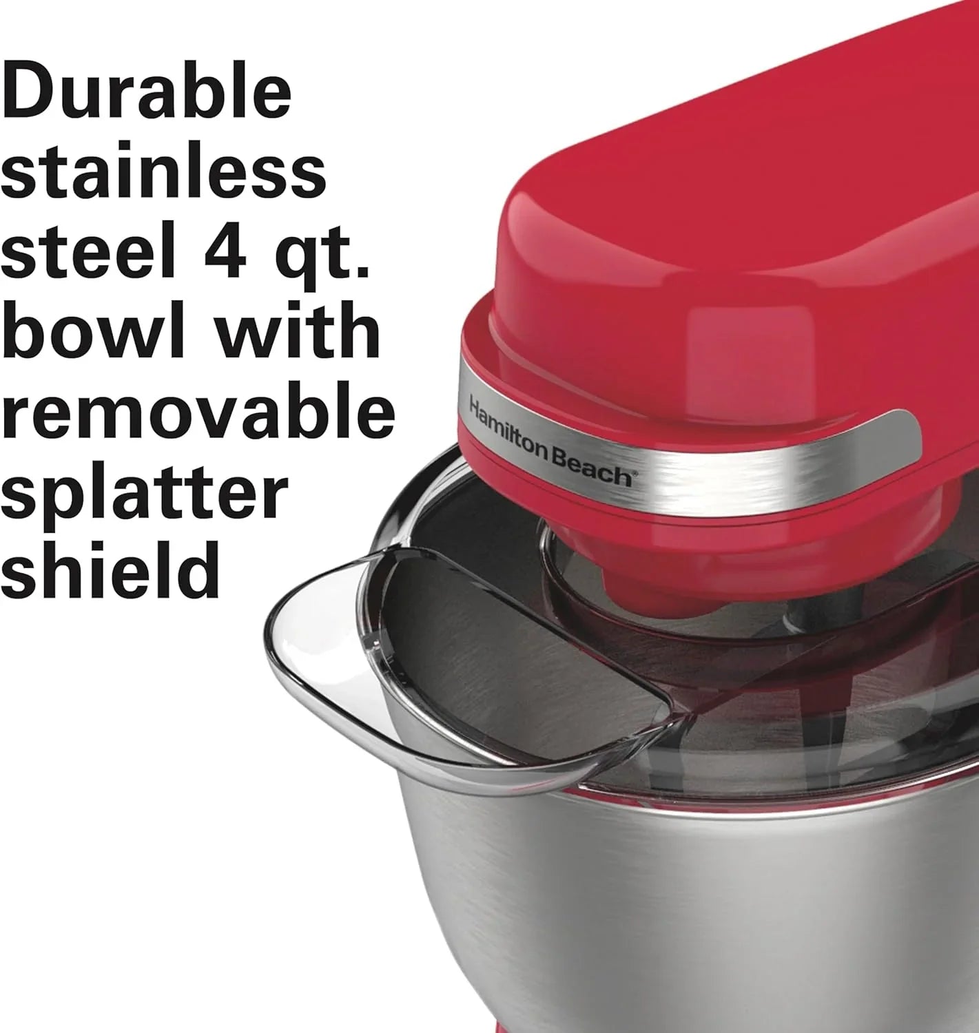 Batteur sur socle électrique Hamilton Beach, 4 litres, crochet pétrisseur, batteur plat, protection anti-éclaboussures, 7 vitesses avec fouet