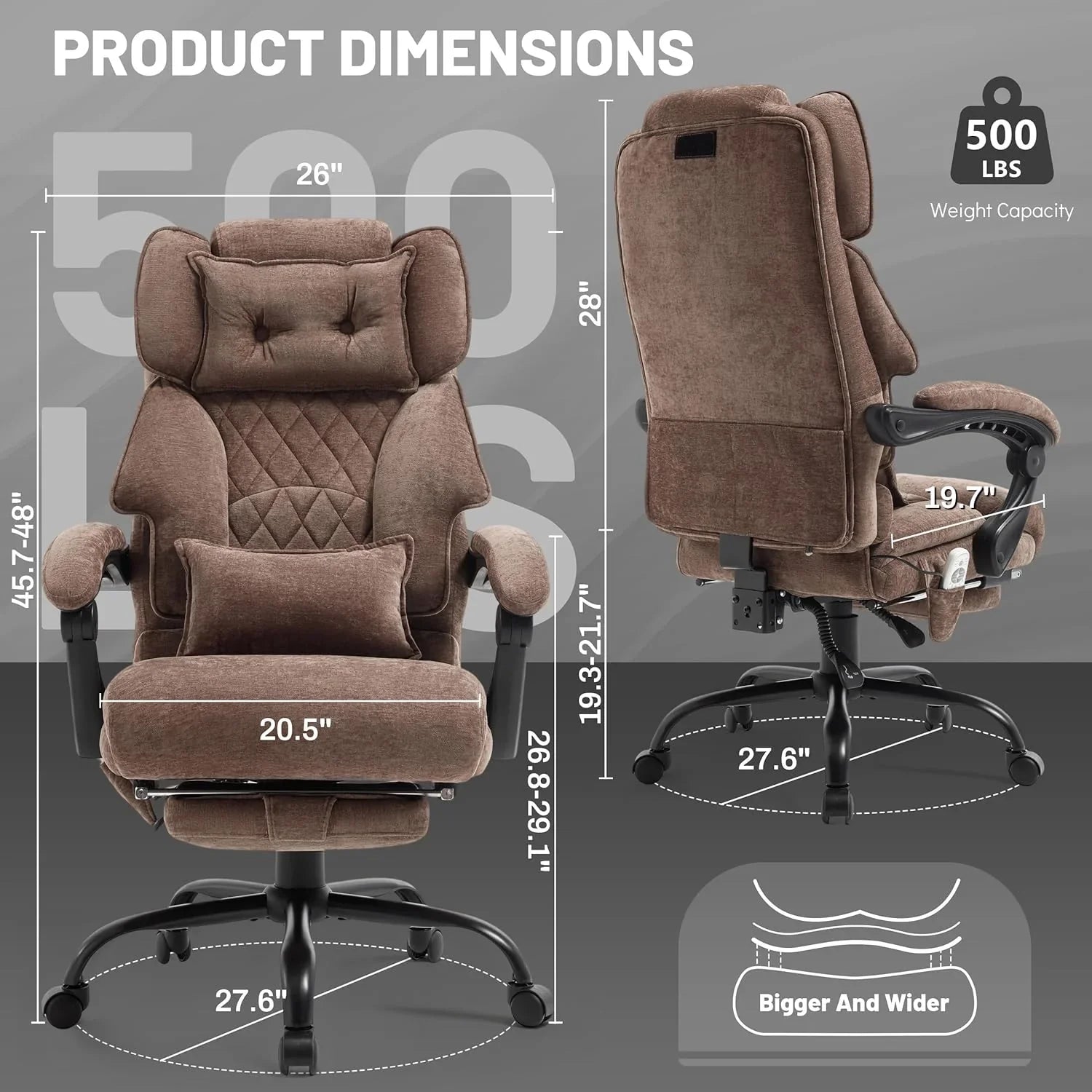 Chaise de bureau de massage avec repose-pieds, grande et haute chaise de bureau en cuir 500 lb