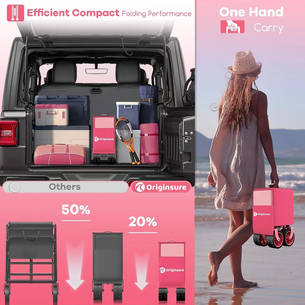 Poussette pliable à quatre roues de 96 cm de long, pliable, capacité de 200 kg, poussette de plage pliable robuste de 220 litres avec de grands pneus tout-terrain