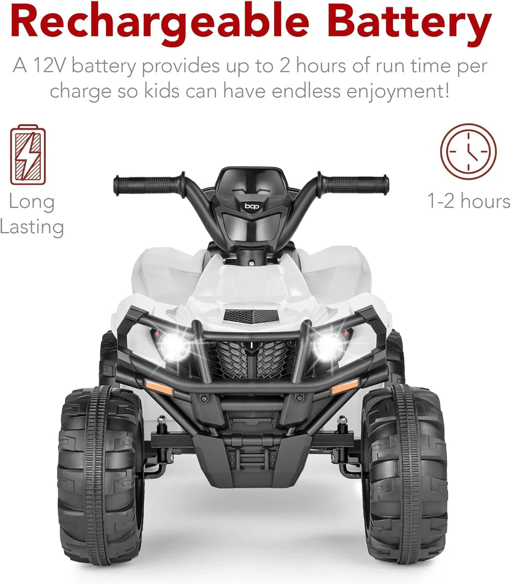 Véhicule tout-terrain électrique 12 V pour enfants, quad à 4 roues avec audio Bluetooth, vitesse maximale de 2,4 mph, pneus à crampons, phares à LED et radio.