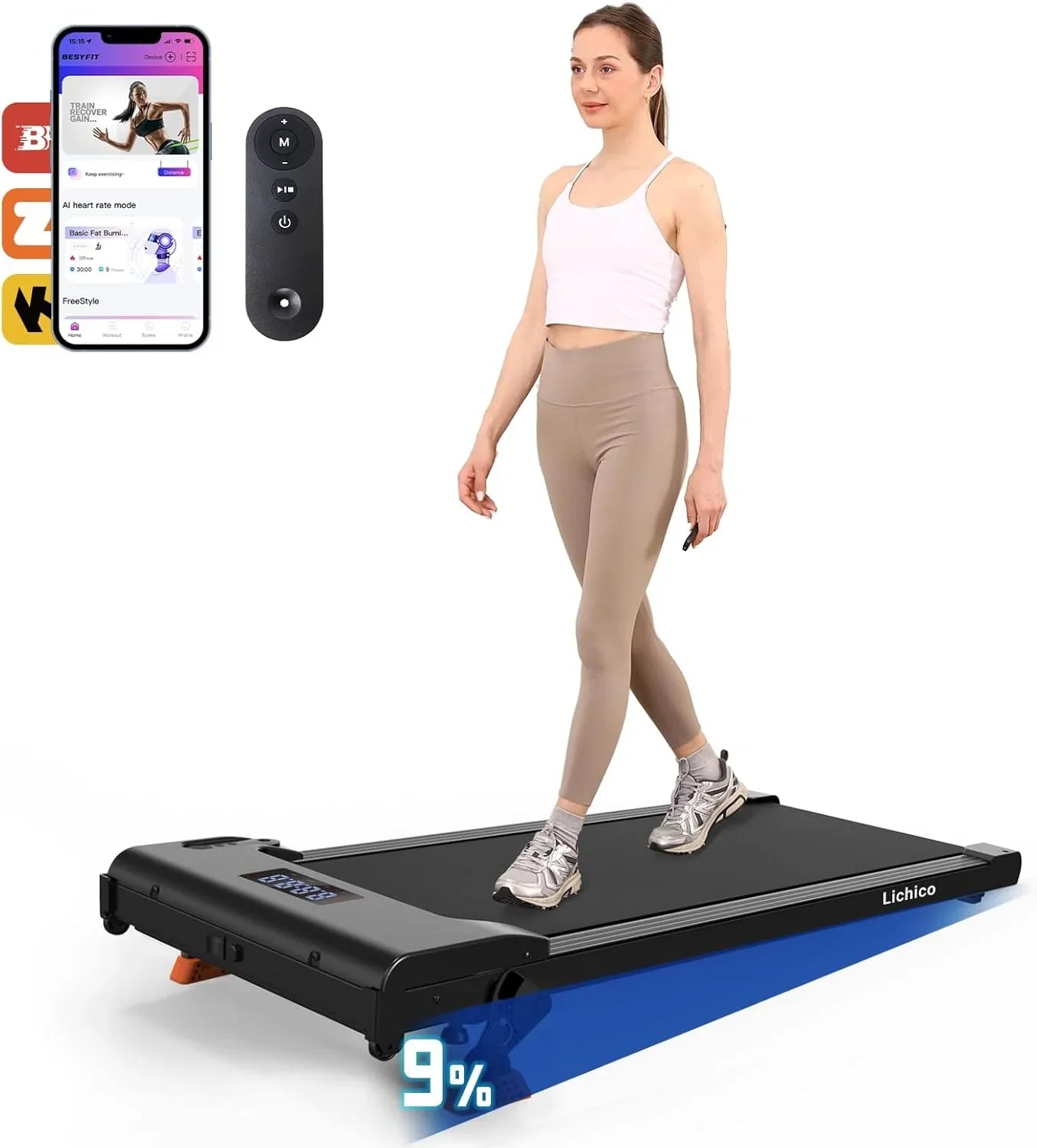 Tapis de course Lichico Walking Pad sous le bureau, tapis de course électrique sans balais ultra-silencieux pour la marche et le jogging avec télécommande