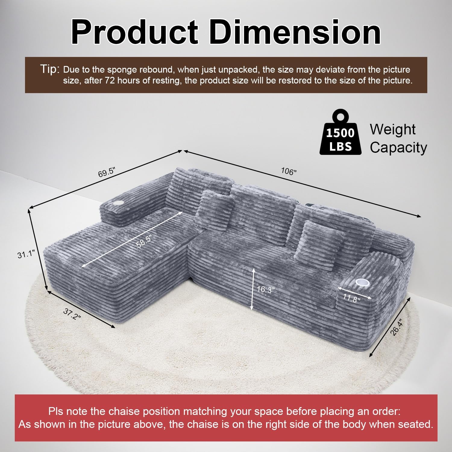 Cloud section sofa with L-shaped recliner, modern modular sofa, built-in cup holder